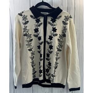 Vintage Alfred Dunner Cream Black Embroidered Floral Cardigan Sparkle Small